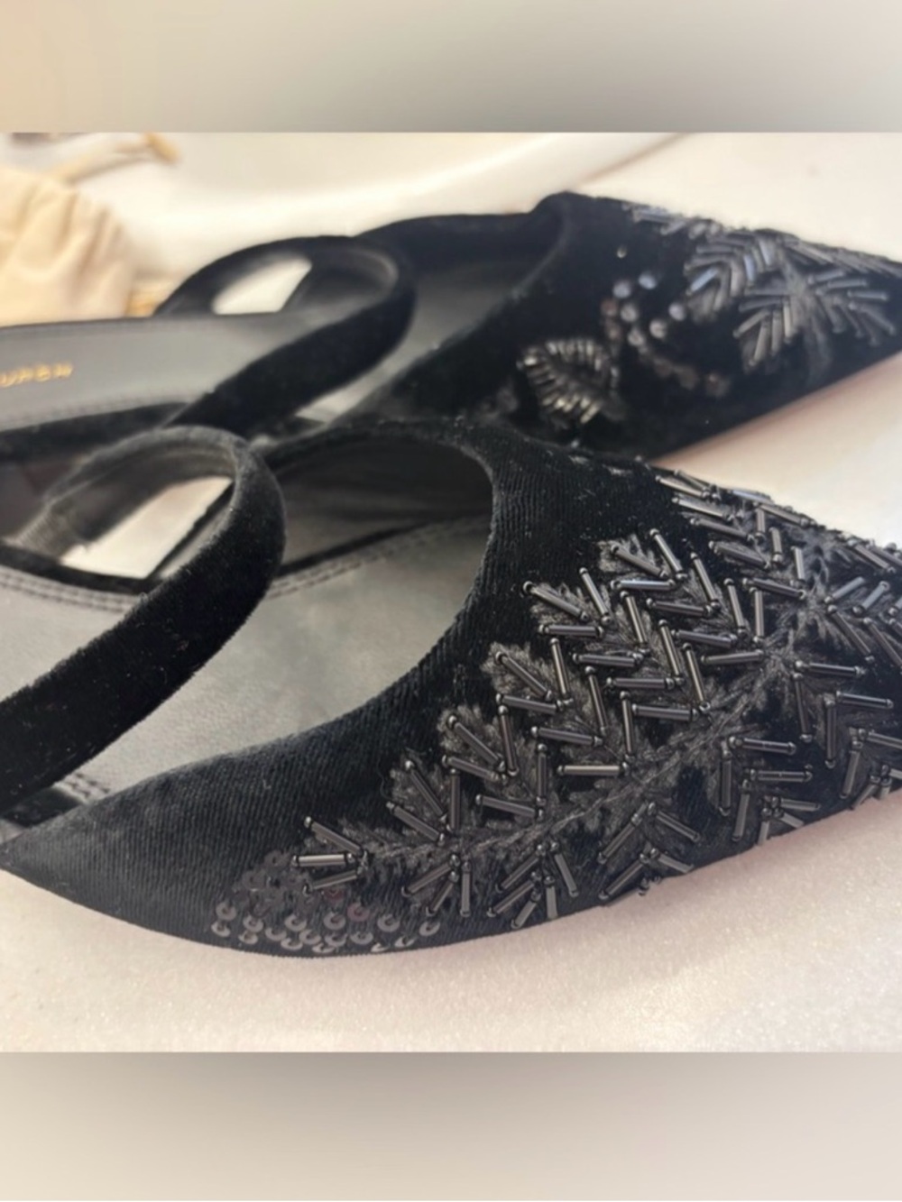 Tory Burch Black Velvet Pointed-Toe Beaded Mules - Picture 9 of 10